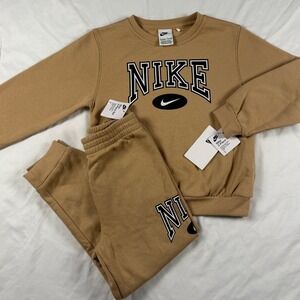 Nike Kids Boys Fleece Set 7 Hemp Tan Crew Sweatshirt Pants NWT 86M887-X0L